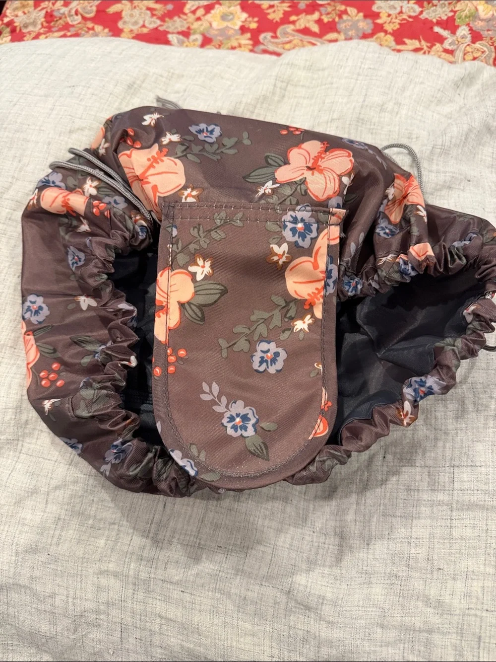 Lay flat Floral Drawstring Cosmetic Bag in Brown with Coral Accents